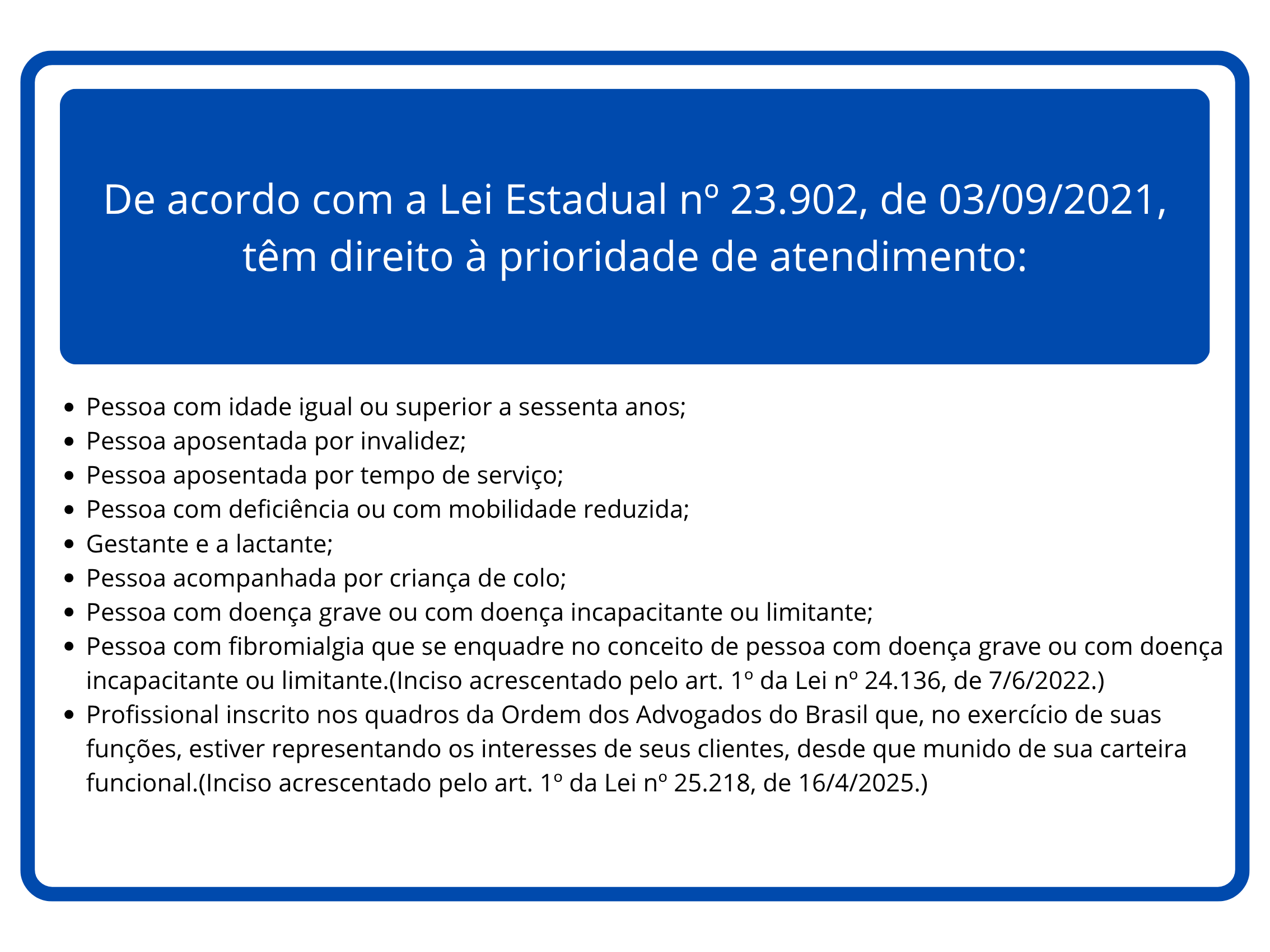 Placa de Atendimento Prioritário em Belo Horizonte, Minas Gerais - Sinalização oficial com símbolos e texto indicando atendimento preferencial para idosos, gestantes, pessoas com deficiência e pessoas com mobilidade reduzida